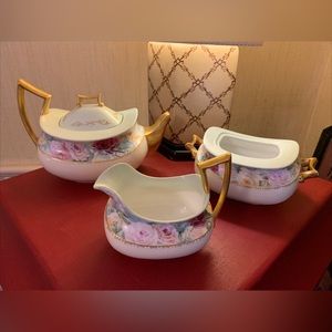 1800s T&V France Limoges Hand Painted Pottery Tea Set Kettle Creamer Sugar Bowl